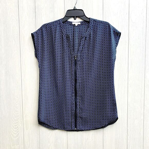 Pleione Blue Black Zip Front Short Sleeve Blouse Size Small - Picture 1 of 4